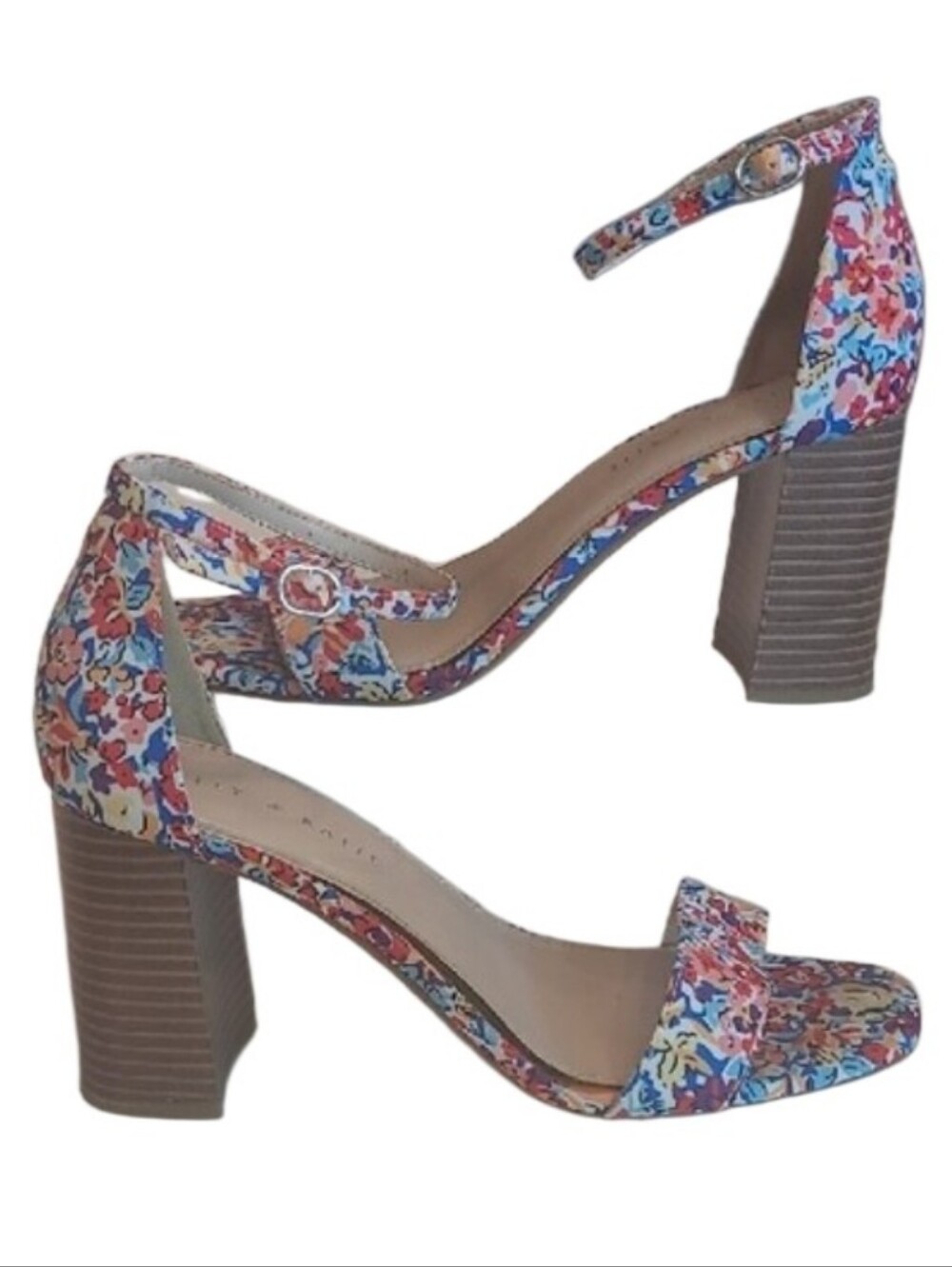 Kelly & Katie Ankle Strap Sandal Square Toe Block Chunky Heel Multicolor Floral